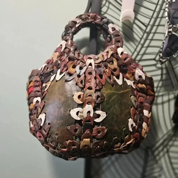 Vintage 70's | Slouchy Hippie Boho Leather Earthy Tones Chain Patchwork Handbag - Picture 1 of 14